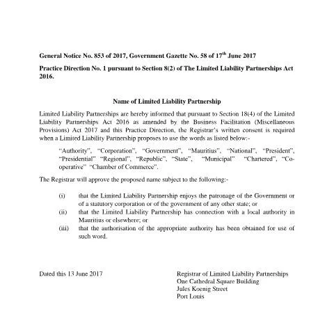 Document preview: Official Notice on Limited Liability Partnership Name Regulations in — Government & admin (GENERAL-NOTICE-NO.-853-OF-2017-GOVERNMENT-GAZETTE-NO.-58-OF-17TH-JUNE-2017)