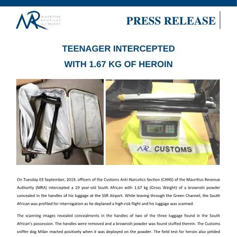 Document preview: Significant Heroin Seizure at SSR Airport Involving Teenager — Government & admin (PressRelease060919)