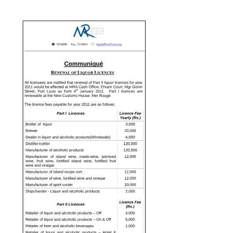 Document preview: Mauritius Liquor Licence Renewal Process for 2011 — Government & admin (CommuniqueLiquorLicenceFee)