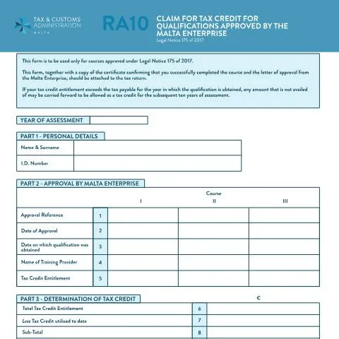 Document preview: Mastering the RA Form: Your Key to Income Tax in Malta — Taxes (CERFA n°mtca-ra10-mlt-eng)