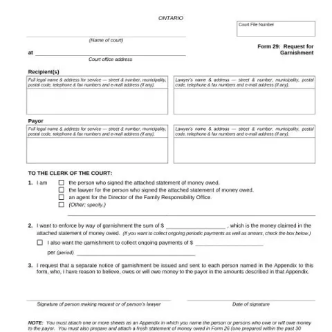 Document preview: Understanding Form 29: Garnishment Request in Ontario — Legal & justice (FLR 29)
