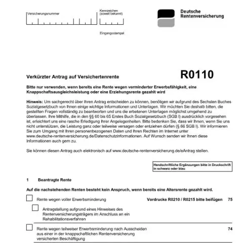 Dokumentvorschau: Vorzeitige Altersrente beantragen mit R0110 — Rente & Pension (R0110)