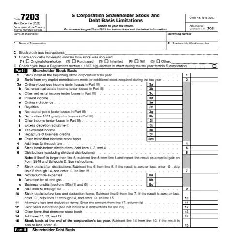 Document preview: Understanding IRS Form 7203 for S Corporation Shareholders — Taxes (CERFA n°7203)