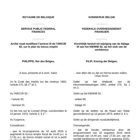 Aperçu du document Règles fiscales du 1er août 2015 en Belgique — Impôts & fiscalité (CERFA n°Regels010815)