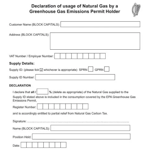 Document preview: Irish Natural Gas Usage Declaration for Greenhouse Gas Permit Holders — Taxes (RPC020542_EN_WB_L_1)