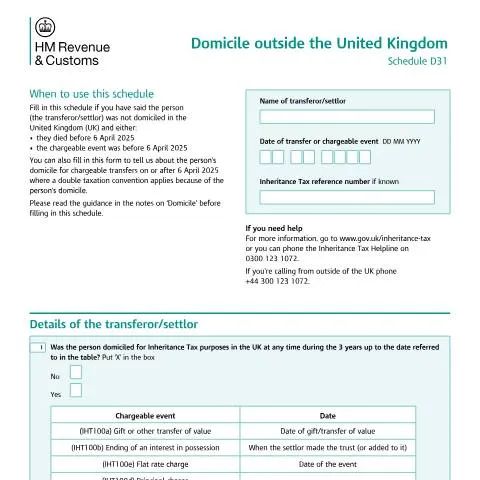 Document preview: HMRC Form D31: Reporting Non-Domiciled Settlors and Transferors — Taxes