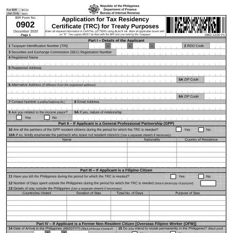 Document preview: Understanding BIR Form No. 0902 for Tax Residency Certificates — Taxes (CERFA n°0902)