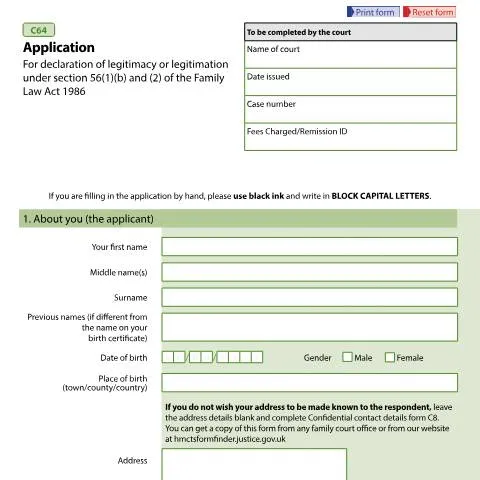 Document preview: Application for Declaration of Legitimacy or Legitimation (Form C64) — Legal & justice