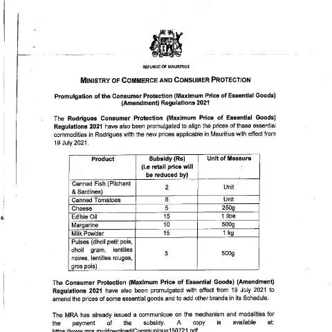 Document preview: Implementation of Mauritius's Essential Goods Price Regulations 2021 — Consumer rights (CERFA n°CommuniqueMinistry190721)