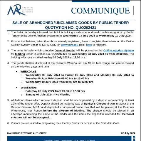 Document preview: Mauritius Public Tender for Sale of Abandoned and Unclaimed Goods — Government & admin (CommuniqueQuo202421)