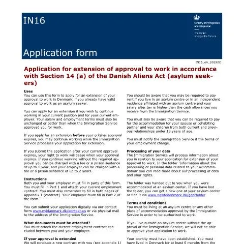 Document preview: Guide til IN16: Forlængelse af arbejdsgodkendelse for asylansøgere — Immigration & visa (CERFA n°IN16)