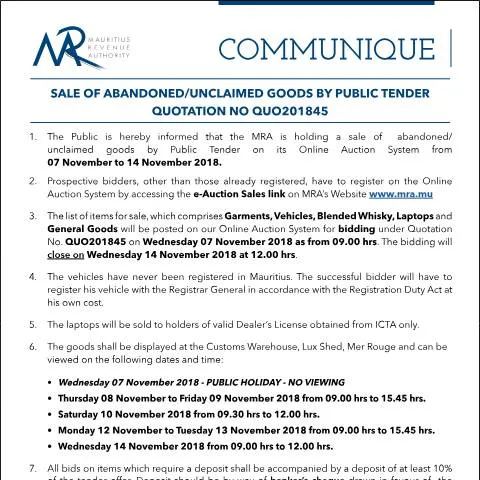 Document preview: Explore the Public Tender for Unclaimed Goods Sale — Government & admin (CERFA n°Communique45of2018)
