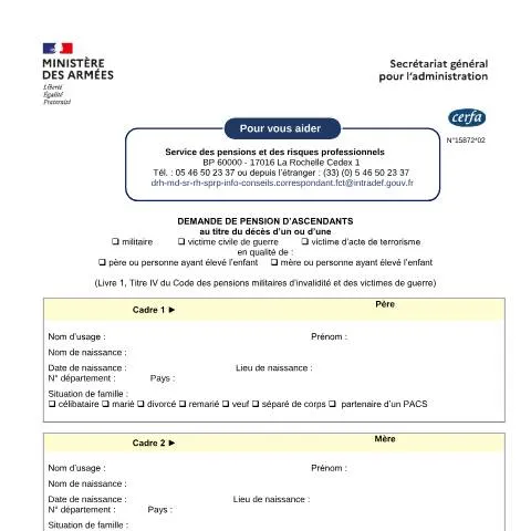 Aperçu du document Obtenir une pension pour les parents d'un militaire ou victime décédé — Famille (CERFA n°15872*02)