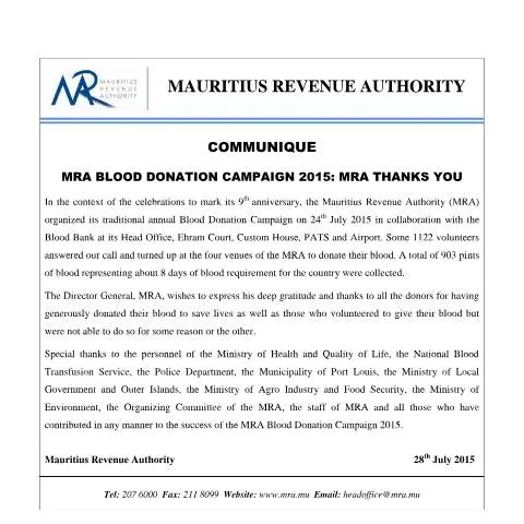 Document preview: Acknowledgment for Blood Donors from MRA — Government & admin (ThankYouBD290715)