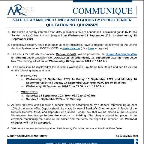 Document preview: Official Notice: Sale of Abandoned and Unclaimed Goods by Public — Government & admin (CommuniqueQuo202425)