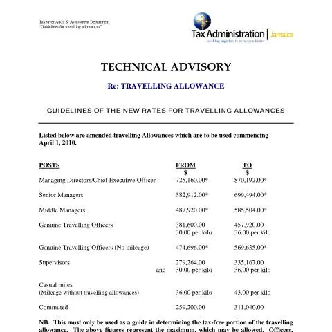 Document preview: Official Guidelines for Travelling Allowances in Jamaica — Taxes (CERFA n°travelling_allowance)