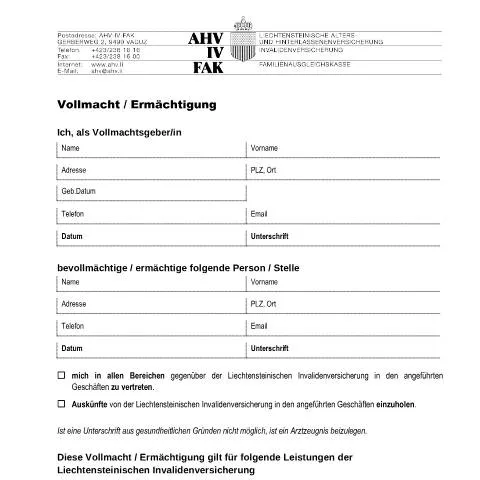 Dokumentvorschau: Vollmacht / Ermächtigung für die Invalidenversicherung — Behörden & Verwaltung (CERFA n°IV--Vollmacht_Ermaechtigung)