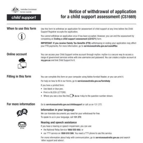 Document preview: Navigating the Child Support Withdrawal Process in Australia — Government & admin (CERFA n°CS1669)