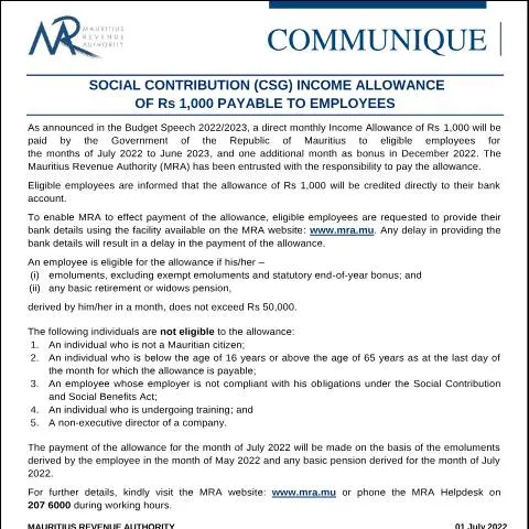 Document preview: Official Notice on Employee Income Allowance in Mauritius for — Government & admin (CommuniqueCSGEmployees010722)