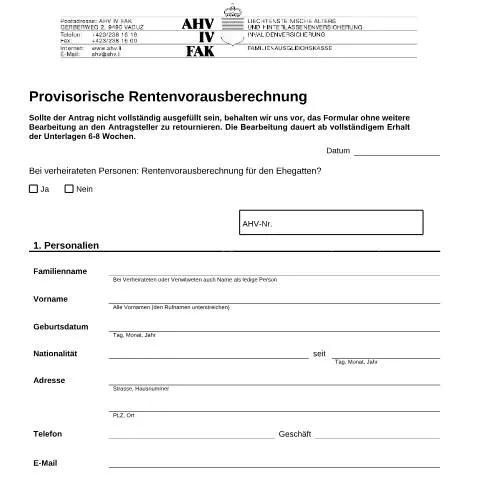 Dokumentvorschau: Leitfaden zur provisorischen Rentenberechnung in Liechtenstein — Rente & Pension (CERFA n°AHV-IV-FAK-FORM-2-03--Fragebogen_provisorische_Rentenberechnung)