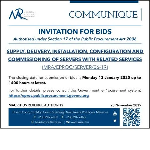 Document preview: Mauritius Revenue Authority Server Supply and Deployment Notice — Government & admin (CERFA n°Communique281119)