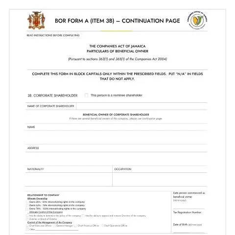 Document preview: The Importance of BOR FORM A for Corporate Shareholders in Jamaica — Government & admin (CERFA n°BOR_FORM_A_CONTINUATION_PAGE_CORPORATE_SHAREHOLDERS)