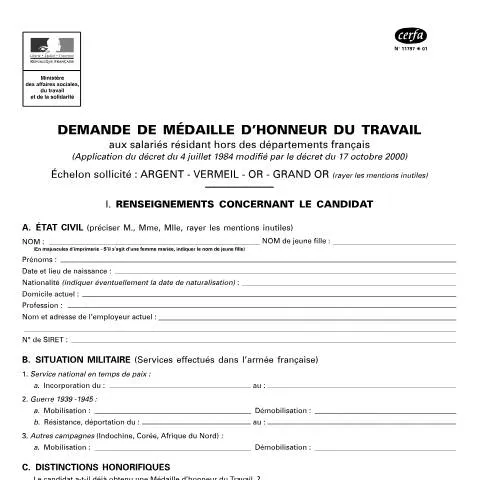 Aperçu du document Comment obtenir la médaille d'honneur du travail en tant qu'expatrié — Démarches administratives (CERFA n°11797*01)