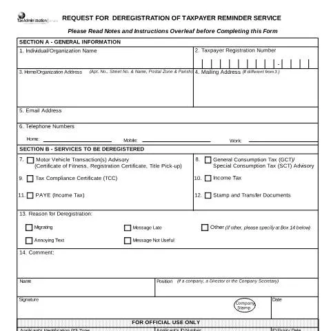 Document preview: Guide to Deregister for Taxpayer Reminder Service in Jamaica — Taxes (CERFA n°request_dereg_taxpayer_reminder)