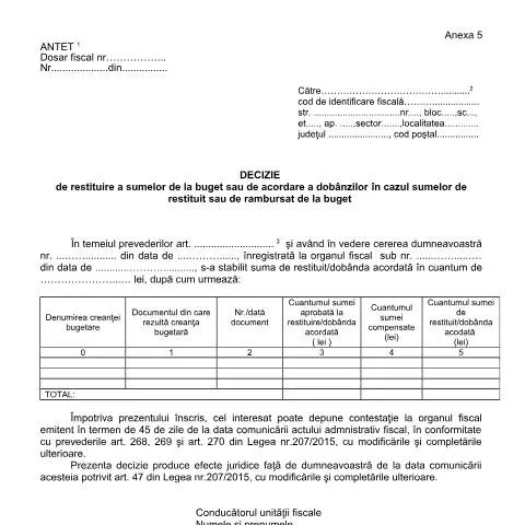 Document preview: Înțelegerea Deciziei de Restituire a Sumsilor de la Buget — Impozite & fiscalitate (CERFA n°A5_OPANAF_63_2017)