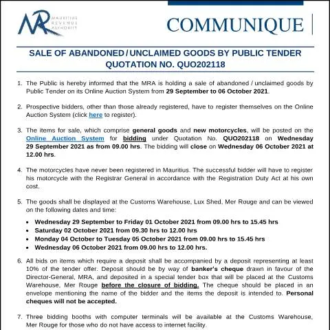 Document preview: Understanding the MRA's Sale of Unclaimed Goods Process — Government & admin (CERFA n°CommuniqueQUO202118)