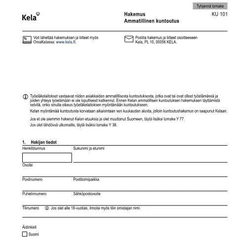 Document preview: Ammatillinen kuntoutus ja sen mahdollisuudet — Hallinnolliset asiat (CERFA n°Kela KU 101)