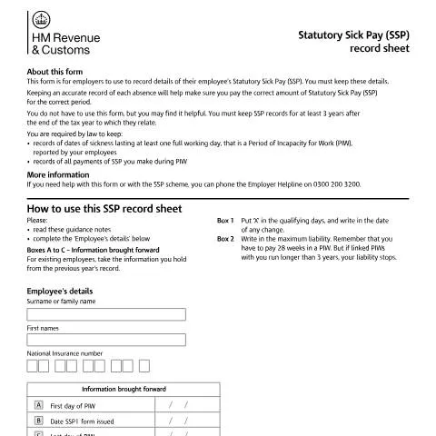 Document preview: How to Use SSP2 Forms for Statutory Sick Pay Record Keeping — Taxes