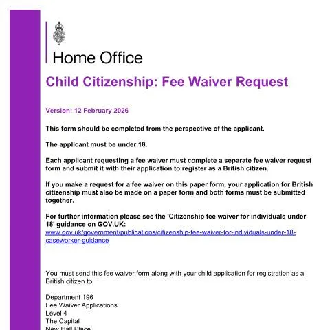 Document preview: How to Apply for Child Citizenship Fee Waiver in the UK — Civil status & identity