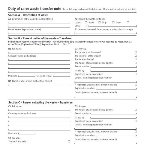 Document preview: Waste Transfer Note Form: UK Legal Documentation Requirements — Government & admin