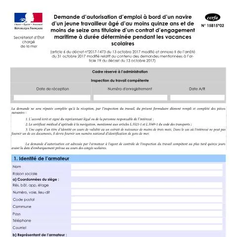 Aperçu du document Autorisation d'emploi des mineurs de 15 ans : démarches légales — Emploi & travail (CERFA n°15815*02)