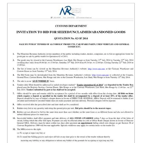 Document preview: Bid for Seized Goods: Quotation No. 2 of 2014 Explained — Government & admin (InvitationQ2of2014)
