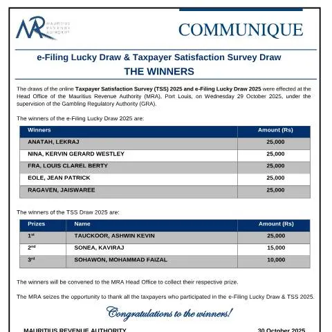 Document preview: e-Filing Lucky Draw Winners Announced for 2025 — Government & admin (Draws301025)