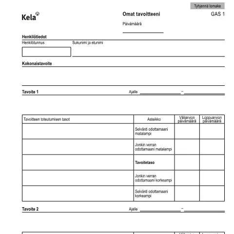 Document preview: Omat tavoitteeni kuntoutusprosessissa — Hallinnolliset asiat (CERFA n°Kela GAS 1)