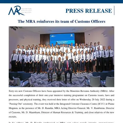 Document preview: MRA Welcomes New Customs Officers to Enhance Operations — Government & admin (PressReleasePassingOut280722)