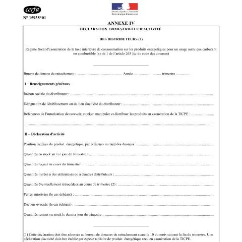 Aperçu du document Obligations déclaratives trimestrielles pour distributeurs — Démarches administratives (CERFA n°15935*01)