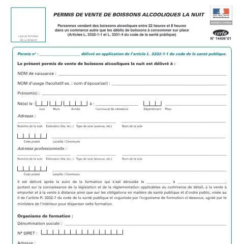 Aperçu du document Formation agréée pour la vente nocturne d'alcool à emporter — Démarches administratives (CERFA n°14406*01)