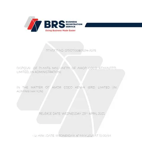 Document preview: Understanding the Tender Process for Amor Coco Kenya's Machinery — Government & admin (CERFA n°TENDER-DOCUMENT-DISPOSAL-OF-PLANT-AND-MACHINERY-FOR-AMOR-COCO-KENYA-EPZ-LIMITED)