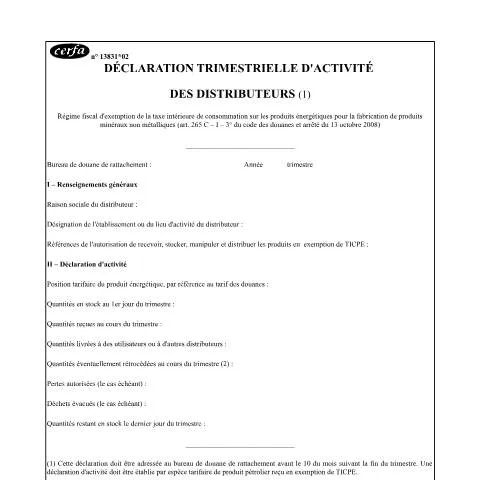 Aperçu du document Exemption TICPE pour l'industrie minérale : obligations déclaratives — Impôts & fiscalité (CERFA n°13831*02)