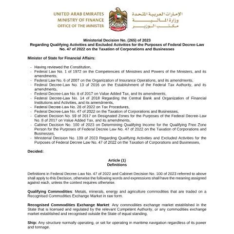 Document preview: Understanding UAE's Tax Classification: Ministerial Decision No 265 of — Taxes (CERFA n°Ministerial Decision No (265) of 2023)