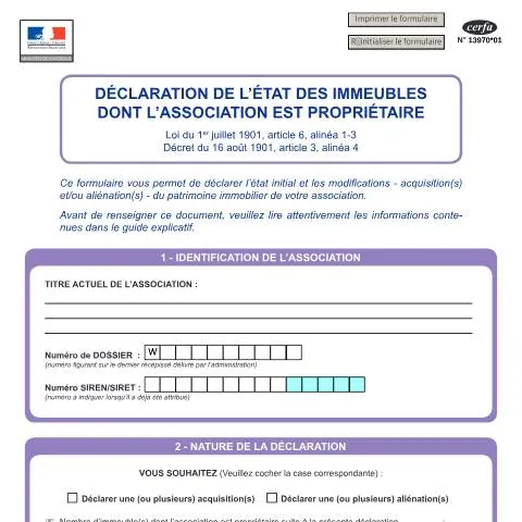 Aperçu du document Déclaration immobilière obligatoire pour les associations — Immobilier & foncier (CERFA n°13970*01)