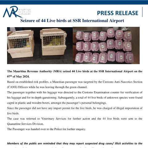 Document preview: Significant Seizure of 44 Live Birds at SSR International Airport — Government & admin (PressRelease090524)