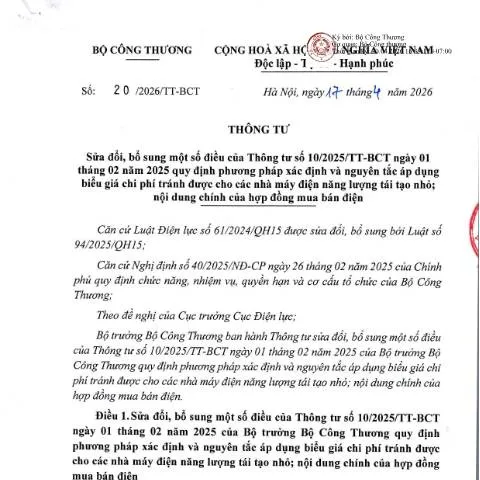 Document preview: Thông tư số 20/2026/TT-BCT: Đổi mới quy định giá điện tái tạo — Thủ tục hành chính (CERFA n°20/2026/TT-BCT)