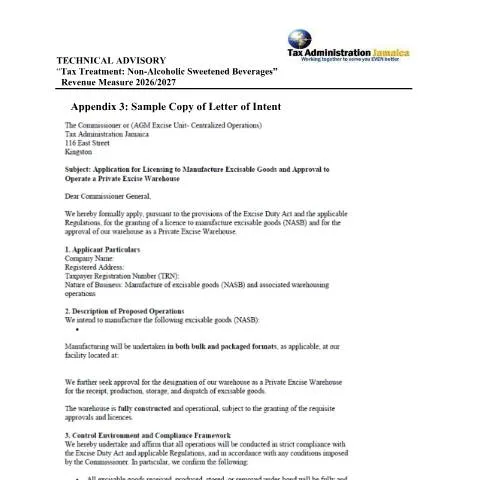 Document preview: Understanding the Appendix 3 - Letter of Intent in Jamaica — Government & admin (CERFA n°Appendix+3+-+Sample+Copy+Letter+of+Intent)