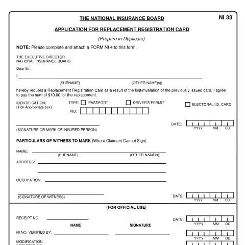 Document preview: Navigating Form NI33 for Your Registration Card Replacement — Government & admin (CERFA n°NI33)
