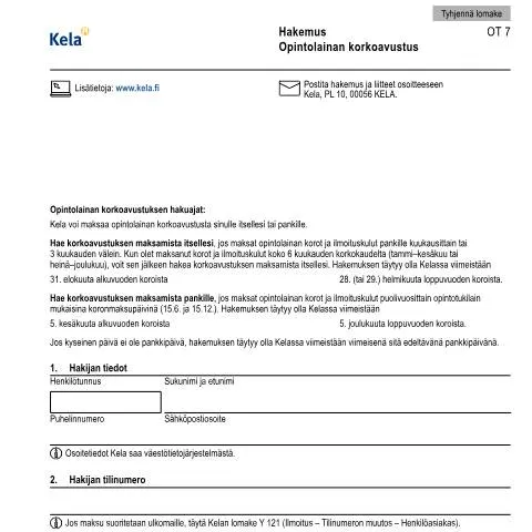 Document preview: Opintolainan korkoavustushakemus ja sen prosessi — Opiskelu & koulutus (CERFA n°Kela OT 7)